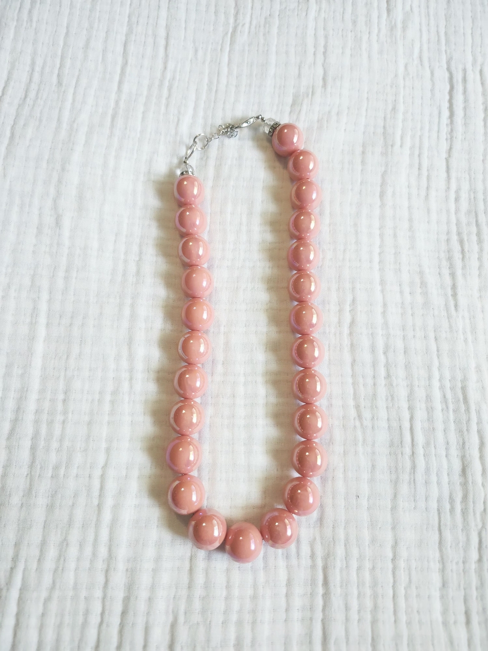 Iridescent Pearl Pink Large Beaded Necklace for Women 9" Length